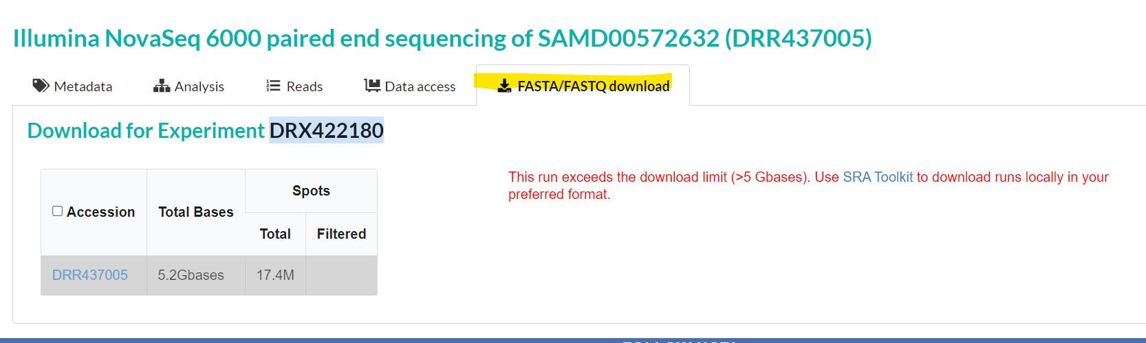 SRA data access tab